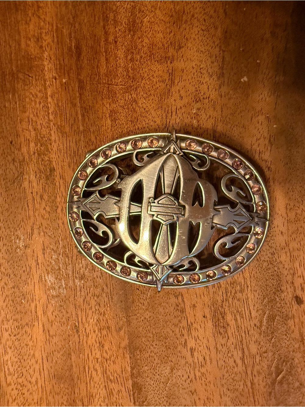 Vintage Harley Davidson Oval Decorative Buckle with Pink Rhinestones